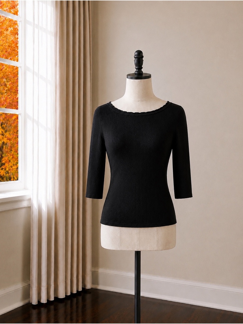 INC  Black Ribbed Ruffle Neck Sweater